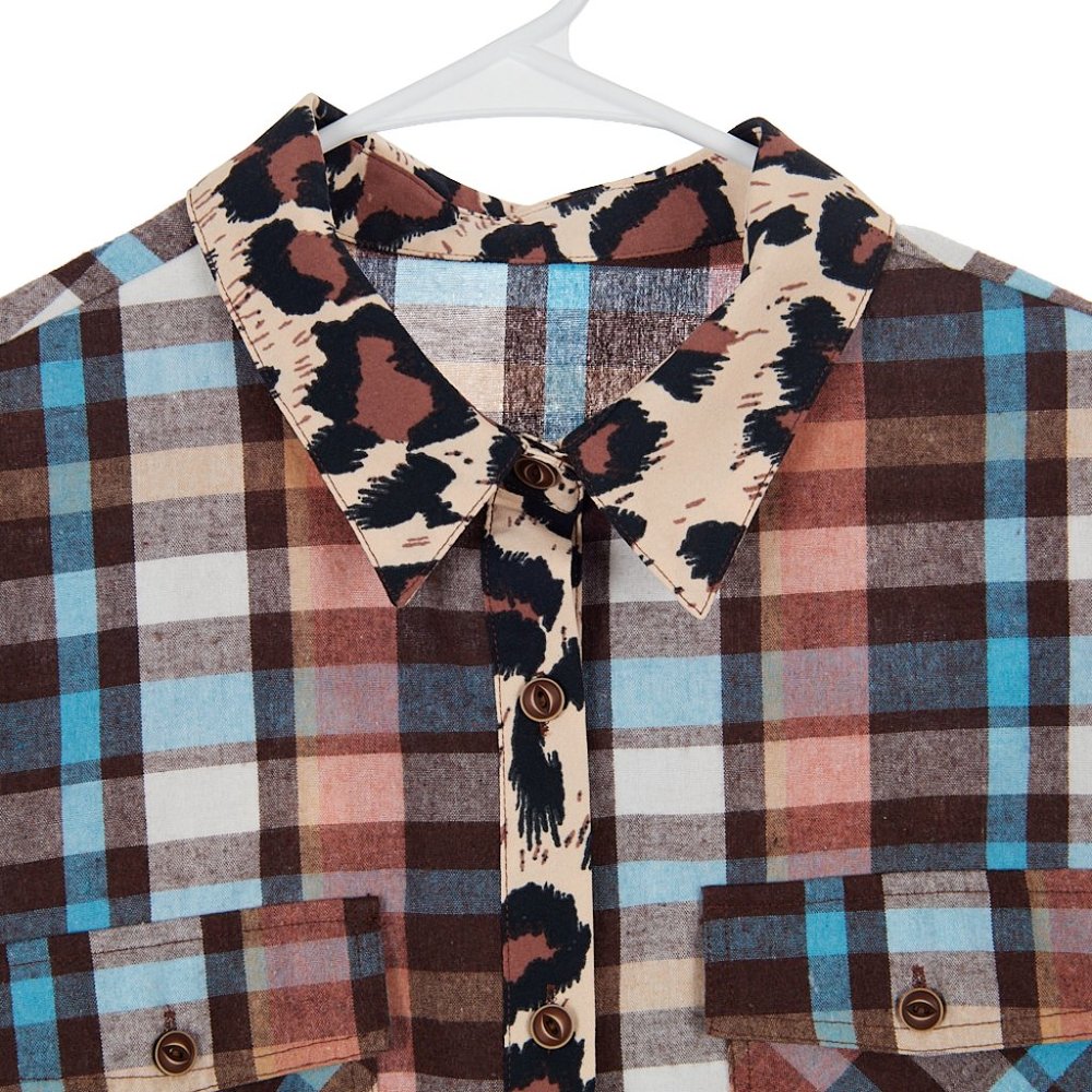 Asvivid Western Leopard Plaid Print Button Front Top Women's Size Large - Picture 3 of 7